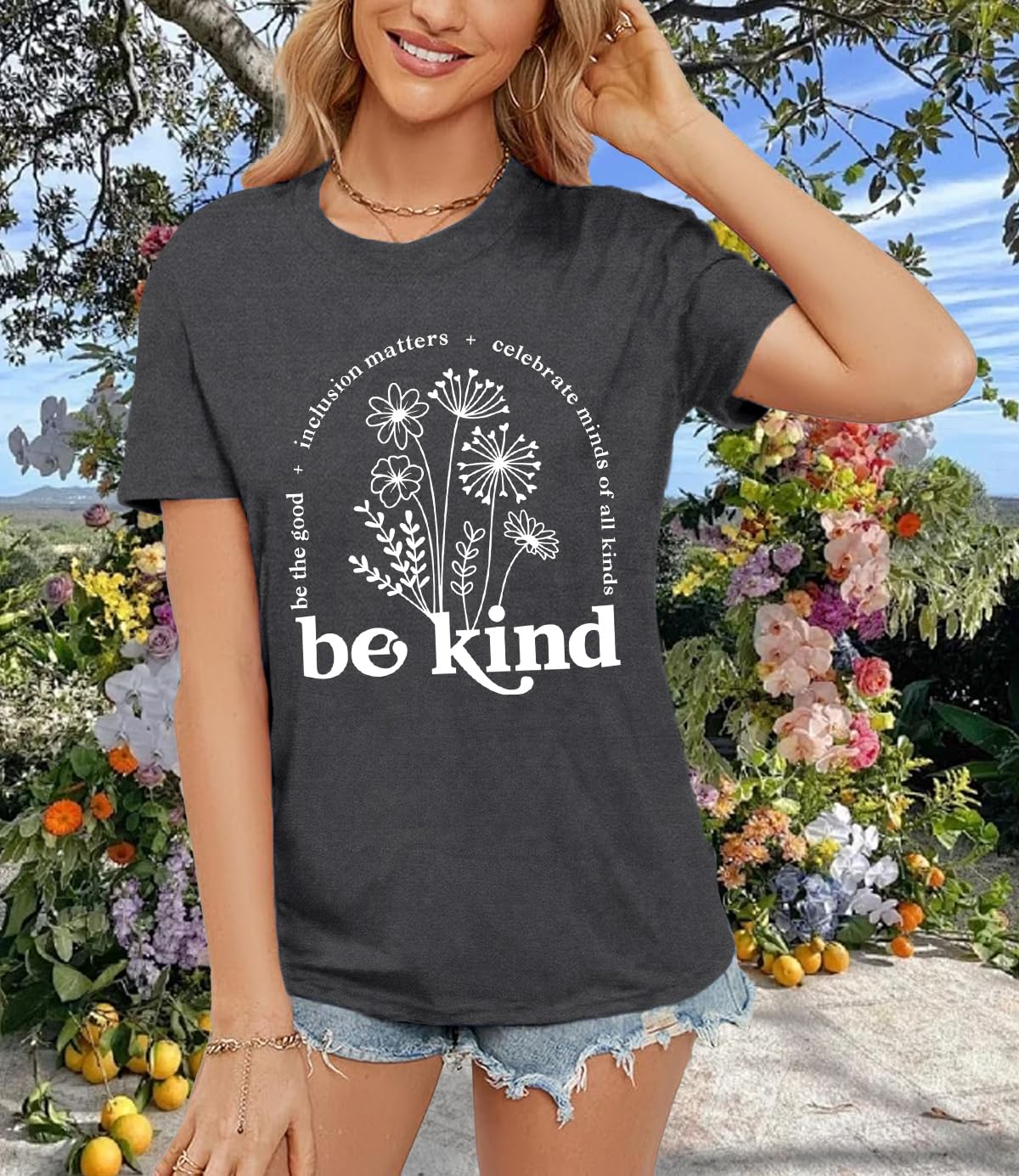 Qskall Womens Be Kind Shirt Kindness T-Shirt Inspirational Teacher Tee Top Grey