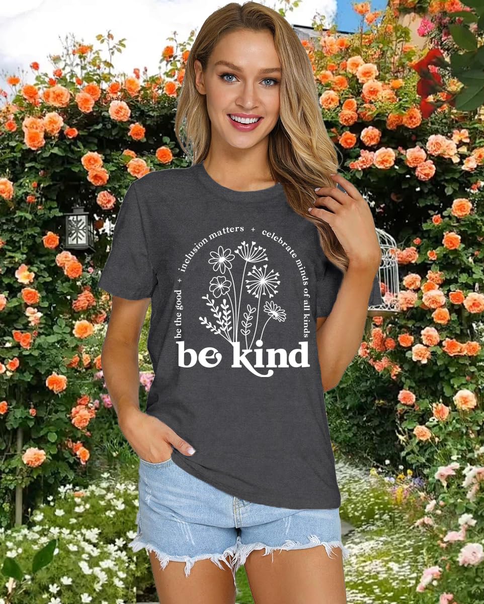 Qskall Womens Be Kind Shirt Kindness T-Shirt Inspirational Teacher Tee Top Grey