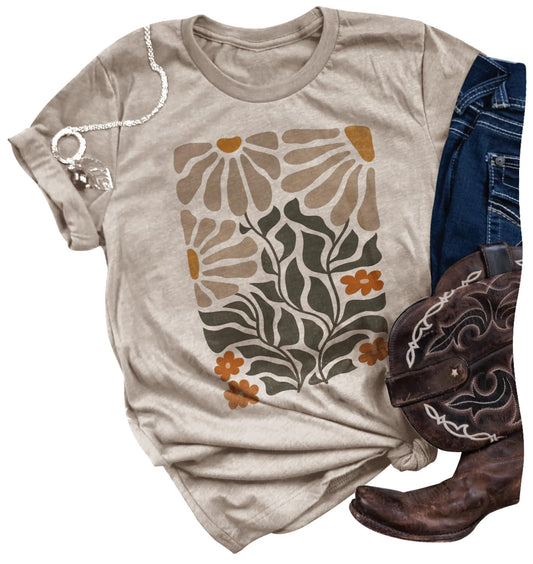 Floral Shirts for Women Vintage Graphic Tees Shirt Summer Boho Tops Cute Country Tops Casual Wildflowers Western Outfit (L, Floral-Cream Grey)