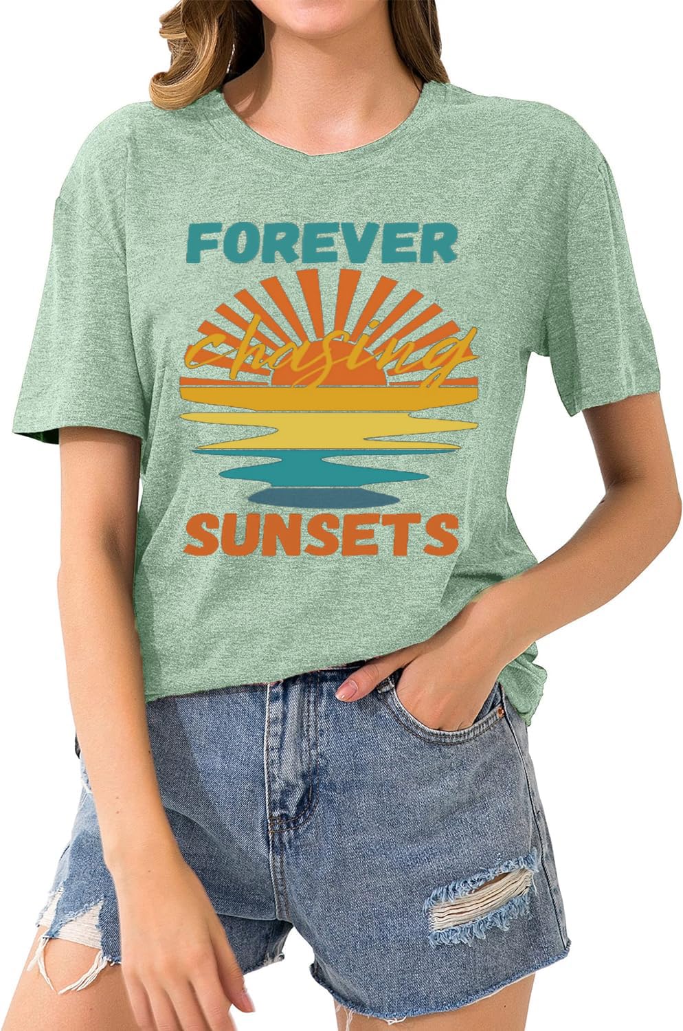 Funny Positive Vibe Inspirational Sayings Summer Casual Forever Chasing Sunrise Sunshine Sunset Chaser Cute Sun Coconut Trees Graphic Short Sleeve tee Shirts for Women-M (Light Green)