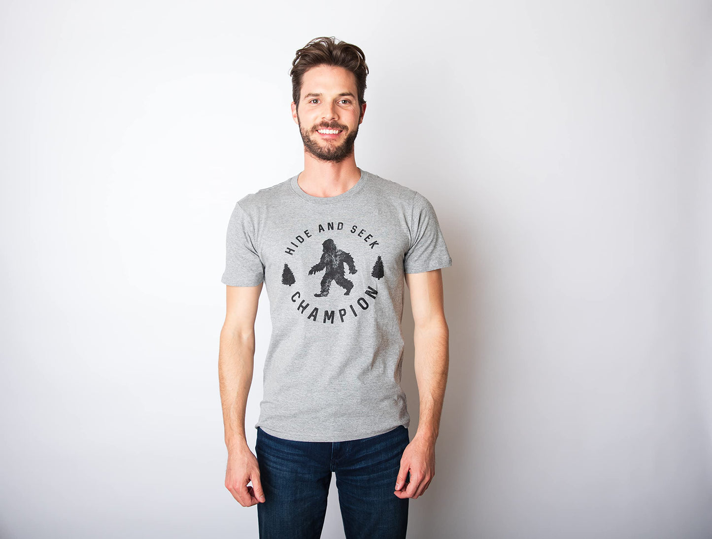 Crazy Dog Men T Shirt Hide and Seek Champion Funny Sasquatch Campfire Story Legend Shirt Bigfoot Tee Humor Witty Graphic Print Heather Navy M