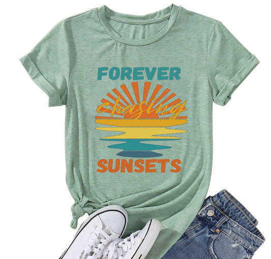 Funny Positive Vibe Inspirational Sayings Summer Casual Forever Chasing Sunrise Sunshine Sunset Chaser Cute Sun Coconut Trees Graphic Short Sleeve tee Shirts for Women-M (Light Green)