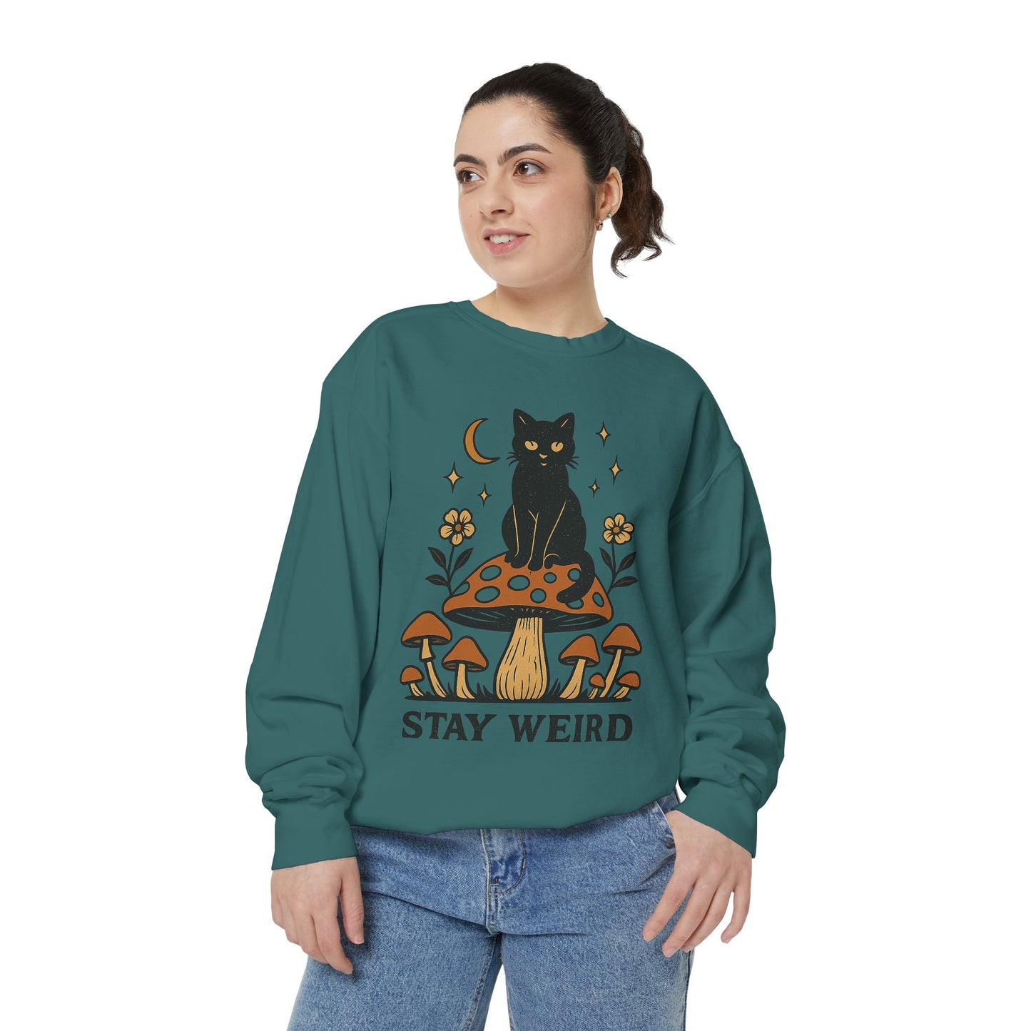 Stay Weird Cat Sweatshirt | Unisex Garment-Dyed Pullover | Boho Witchy Aesthetic | Cozy Casual Wear & Cat Lover Gift