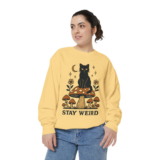 Stay Weird Cat Sweatshirt | Unisex Garment-Dyed Pullover | Boho Witchy Aesthetic | Cozy Casual Wear & Cat Lover Gift