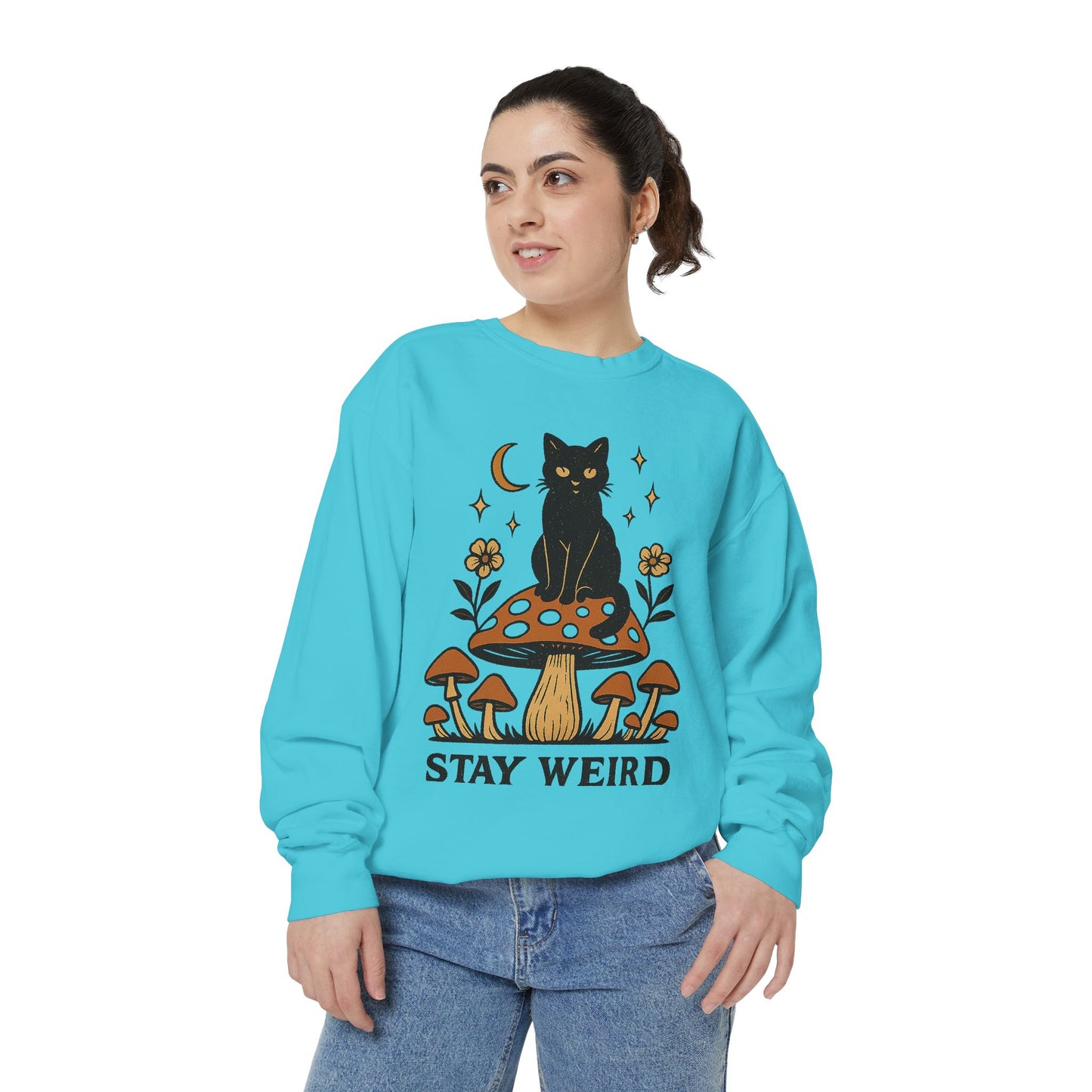 Stay Weird Cat Sweatshirt | Unisex Garment-Dyed Pullover | Boho Witchy Aesthetic | Cozy Casual Wear & Cat Lover Gift