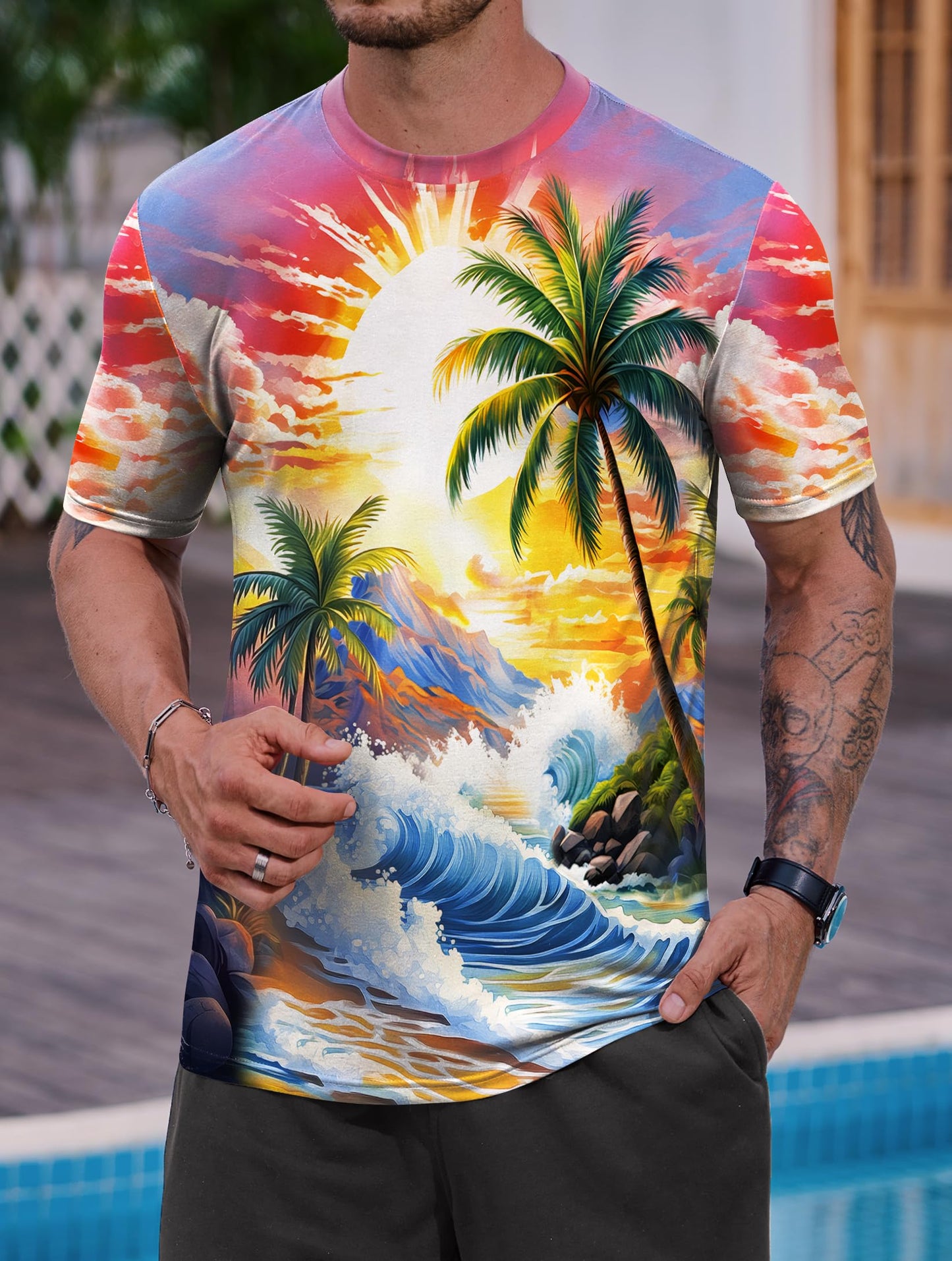 Men Seaside Graphic Shirts Street Wear Ombre Tee Shirt Quality Holiday Funny Multicolor Printed T-Shirts M