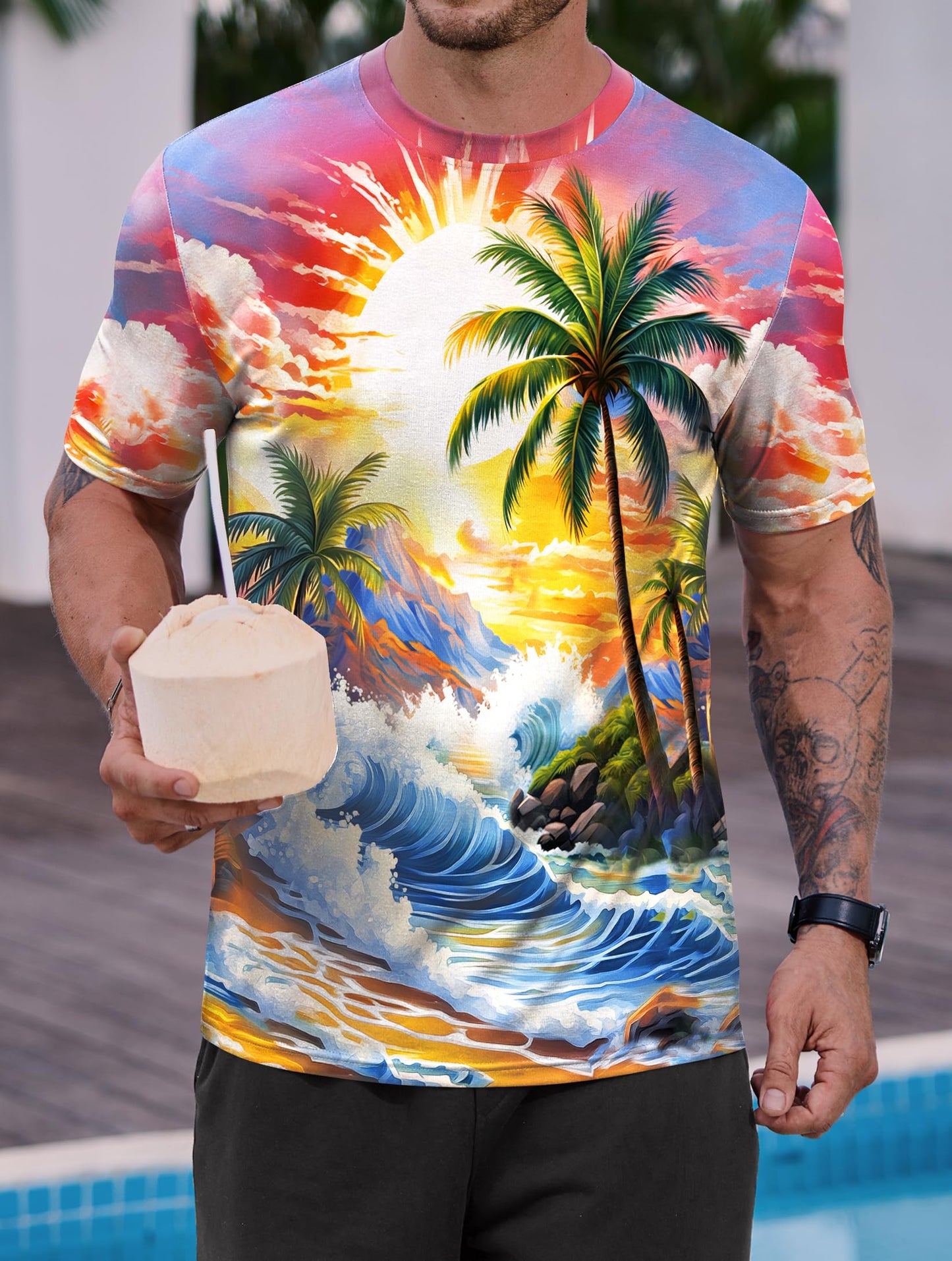 Men Seaside Graphic Shirts Street Wear Ombre Tee Shirt Quality Holiday Funny Multicolor Printed T-Shirts M