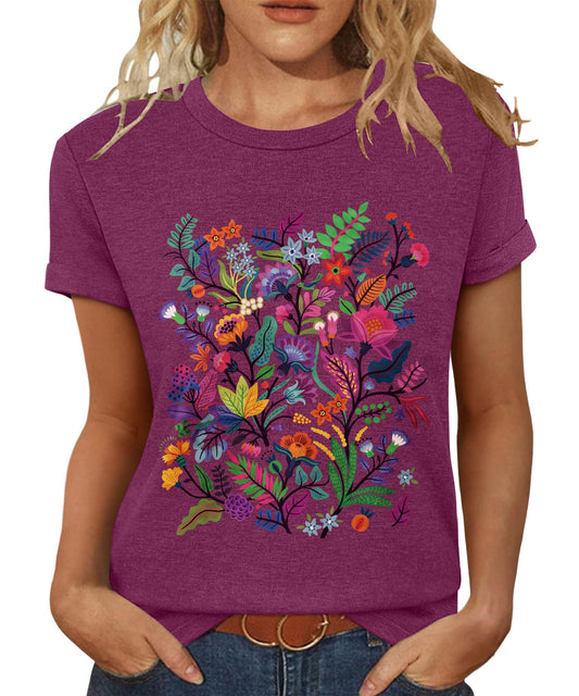 Inber T Shirts for Women Crewneck Boho Flowers Wildflowers Graphic Tees 2025 Summer Cute Shirts Short Sleeve Tops