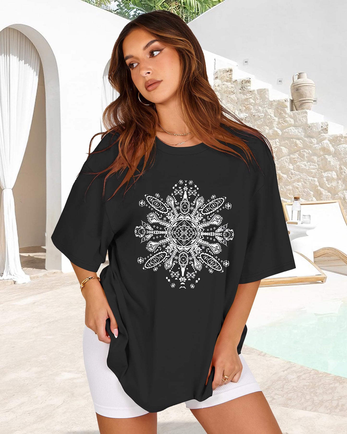 Womens Oversized Tshirt Graphic Tees Crew Neck Summer Short Sleeve Loose Fit Tops, Black White Flower, L