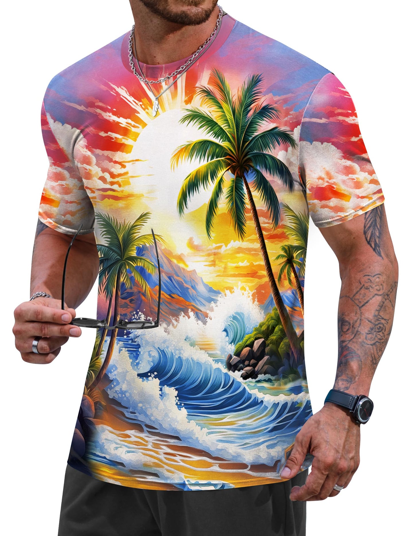 Men Seaside Graphic Shirts Street Wear Ombre Tee Shirt Quality Holiday Funny Multicolor Printed T-Shirts M