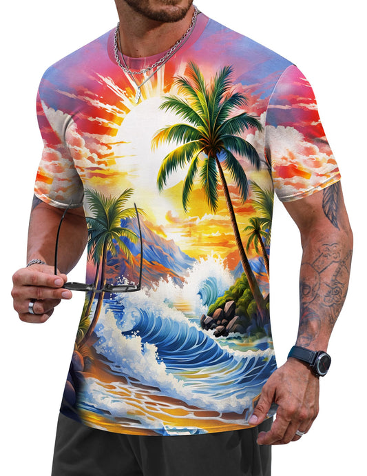 Men Seaside Graphic Shirts Street Wear Ombre Tee Shirt Quality Holiday Funny Multicolor Printed T-Shirts M