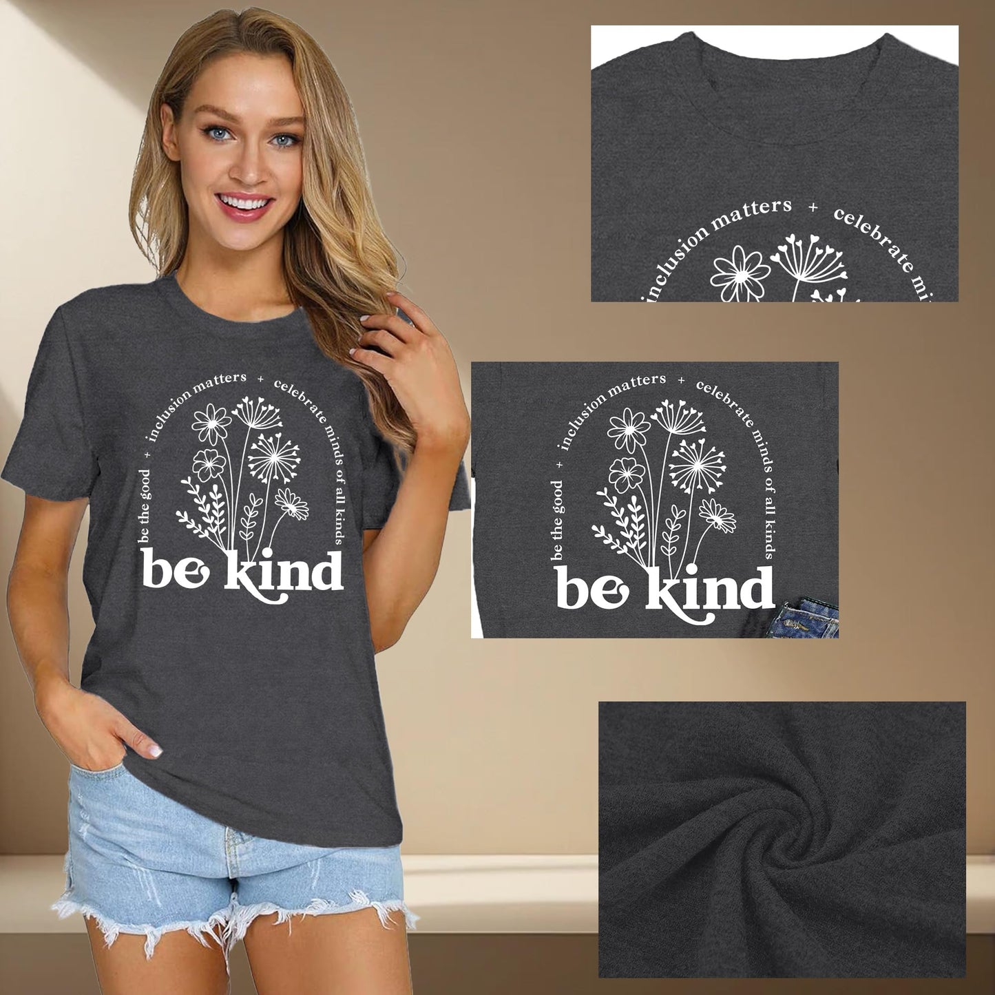 Qskall Womens Be Kind Shirt Kindness T-Shirt Inspirational Teacher Tee Top Grey