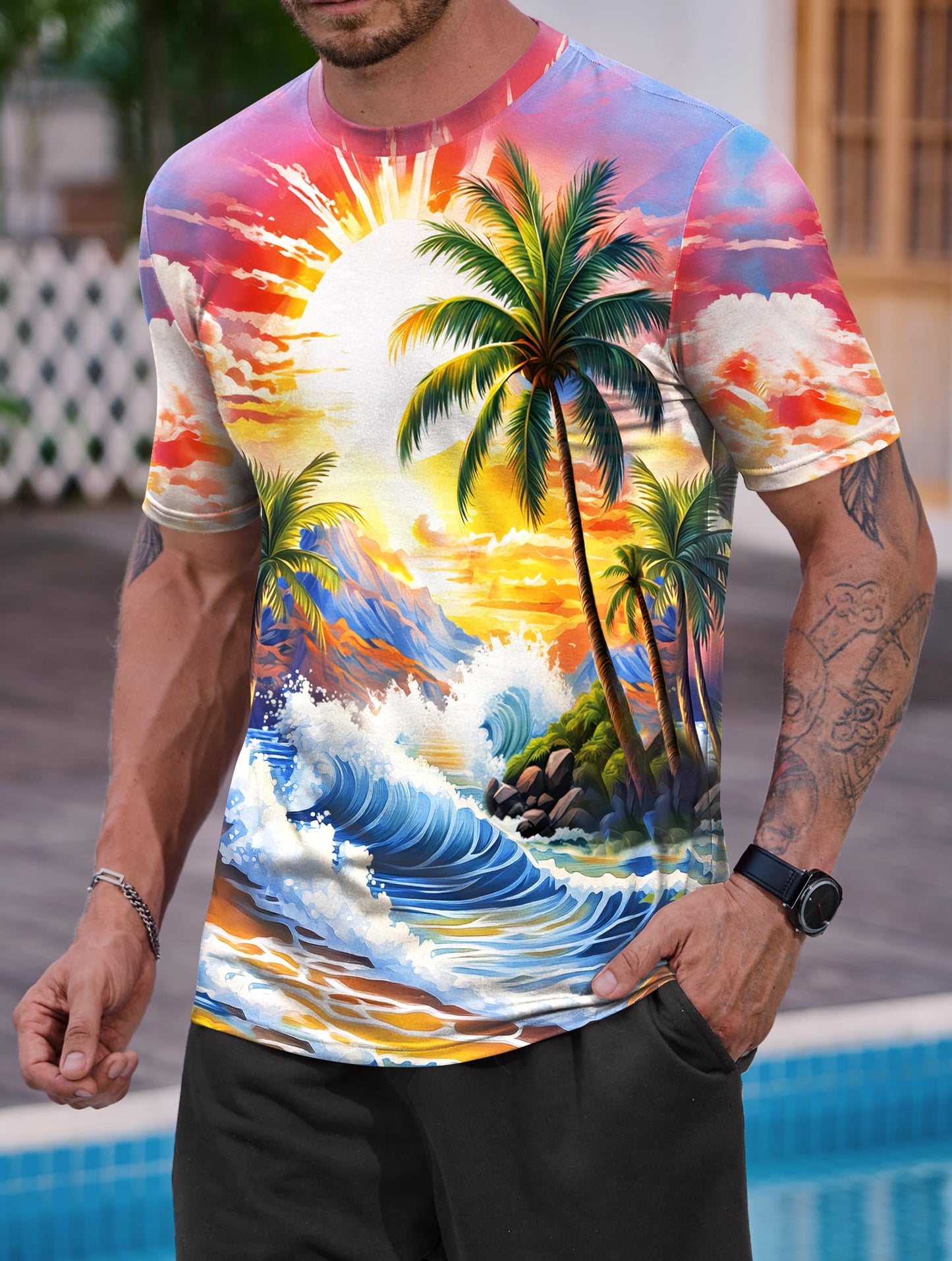 Men Seaside Graphic Shirts Street Wear Ombre Tee Shirt Quality Holiday Funny Multicolor Printed T-Shirts M