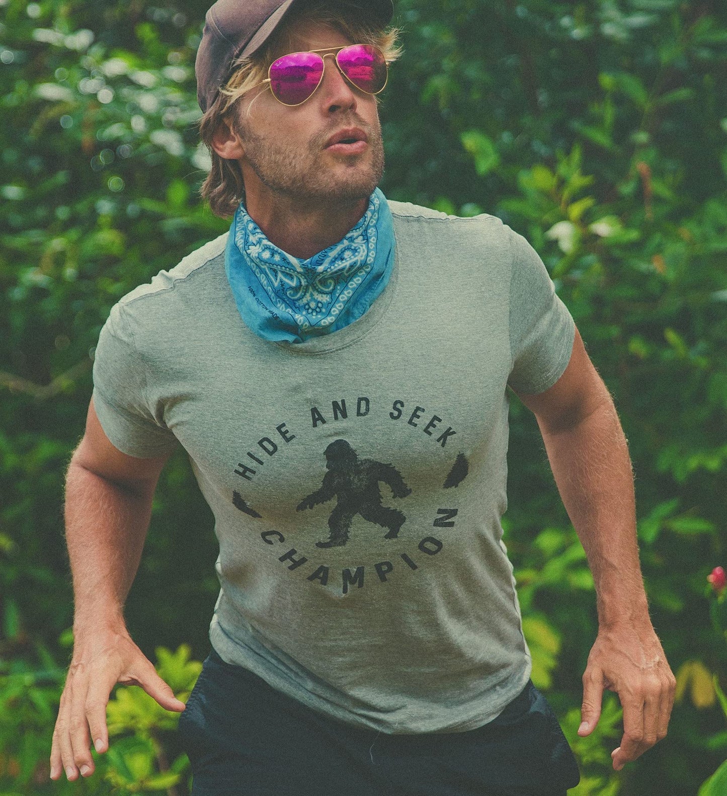 Crazy Dog Men T Shirt Hide and Seek Champion Funny Sasquatch Campfire Story Legend Shirt Bigfoot Tee Humor Witty Graphic Print Heather Navy M