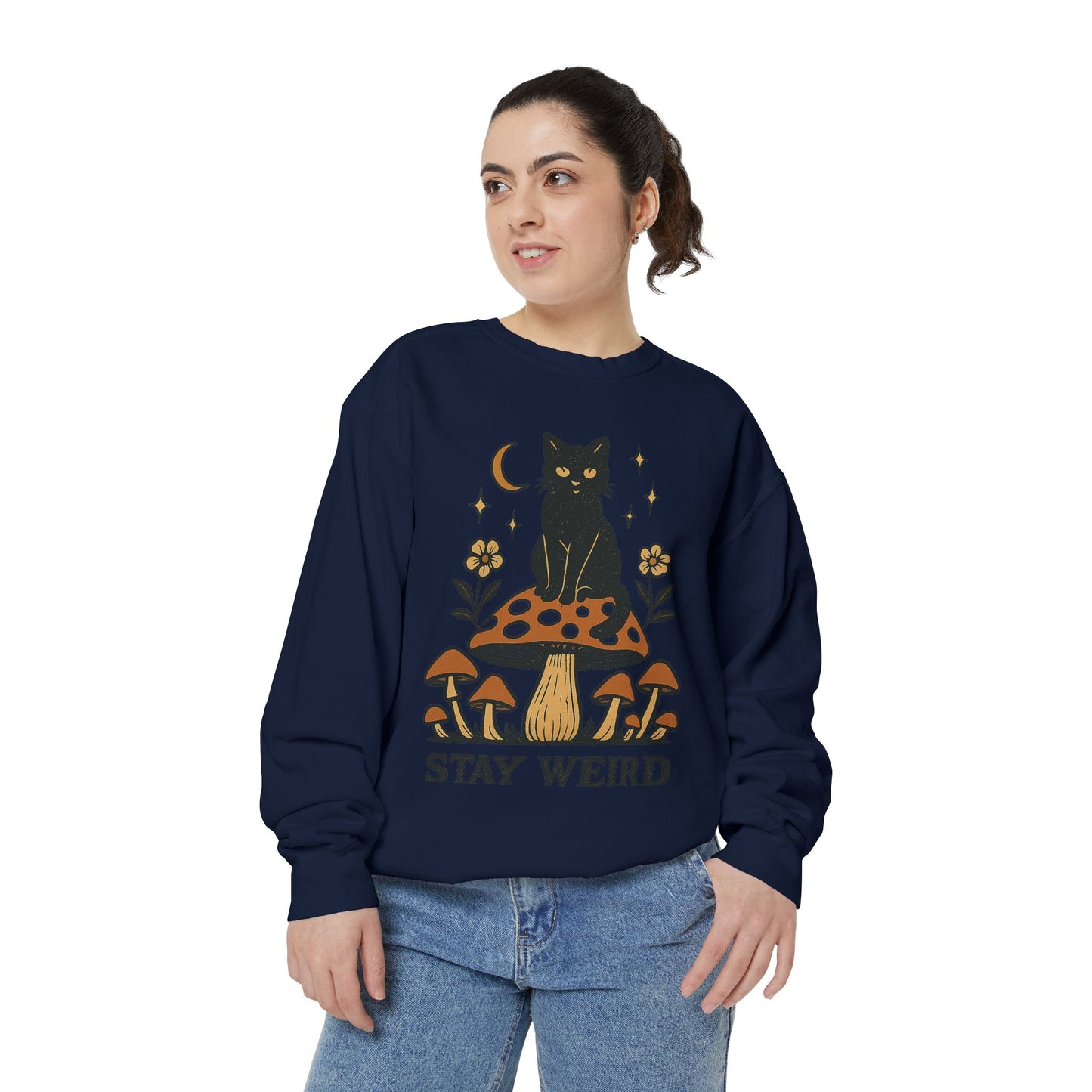 Stay Weird Cat Sweatshirt | Unisex Garment-Dyed Pullover | Boho Witchy Aesthetic | Cozy Casual Wear & Cat Lover Gift