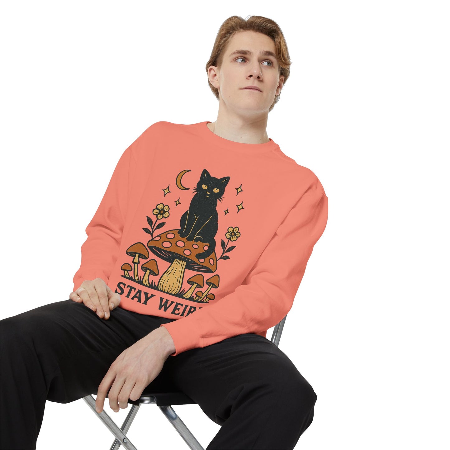 Stay Weird Cat Sweatshirt | Unisex Garment-Dyed Pullover | Boho Witchy Aesthetic | Cozy Casual Wear & Cat Lover Gift