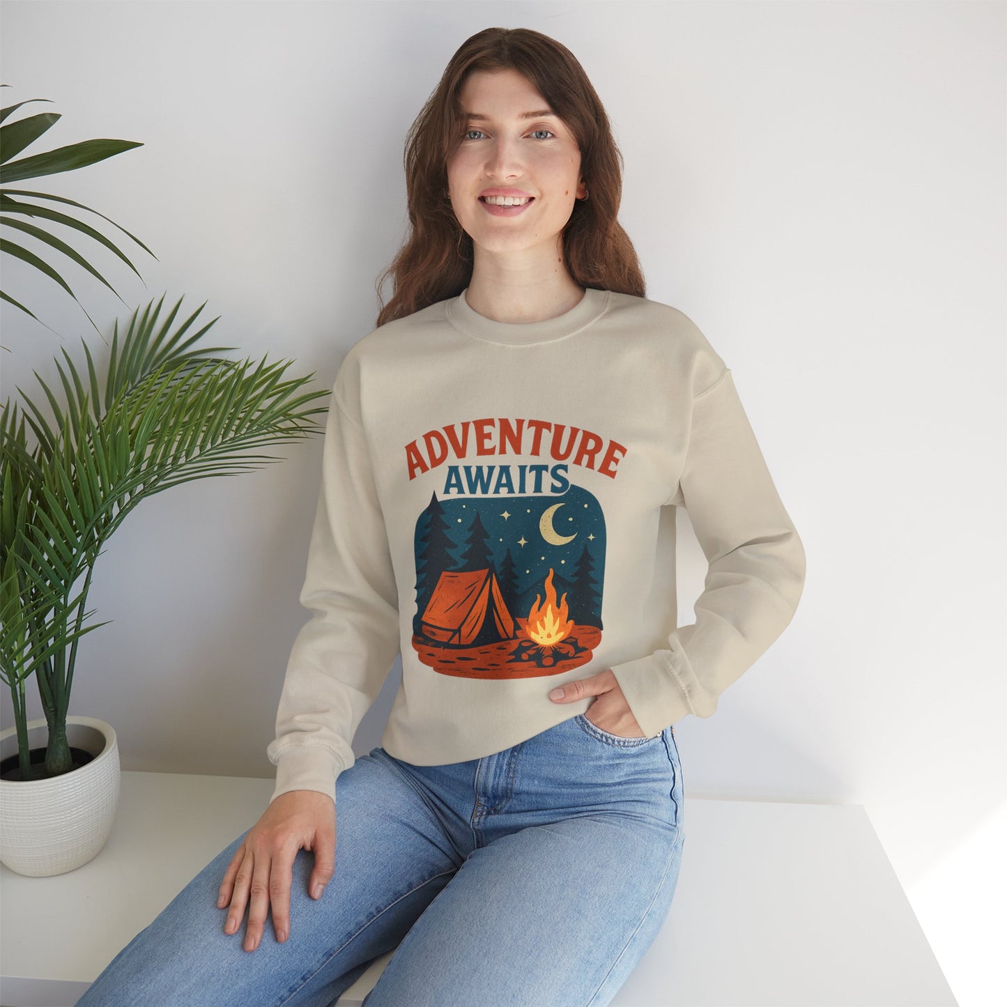 Adventure Awaits Sweatshirt, Cozy Camping Gear, Unisex Crewneck Pullover, Outdoor Adventure Apparel, Gift for Travelers