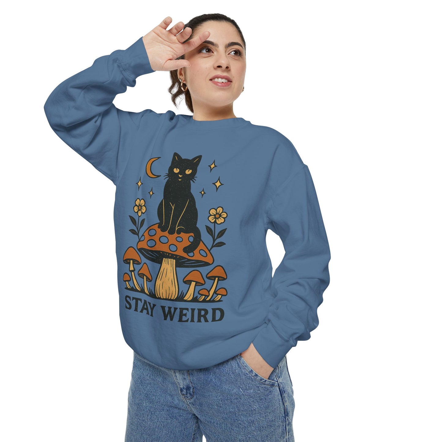 Stay Weird Cat Sweatshirt | Unisex Garment-Dyed Pullover | Boho Witchy Aesthetic | Cozy Casual Wear & Cat Lover Gift