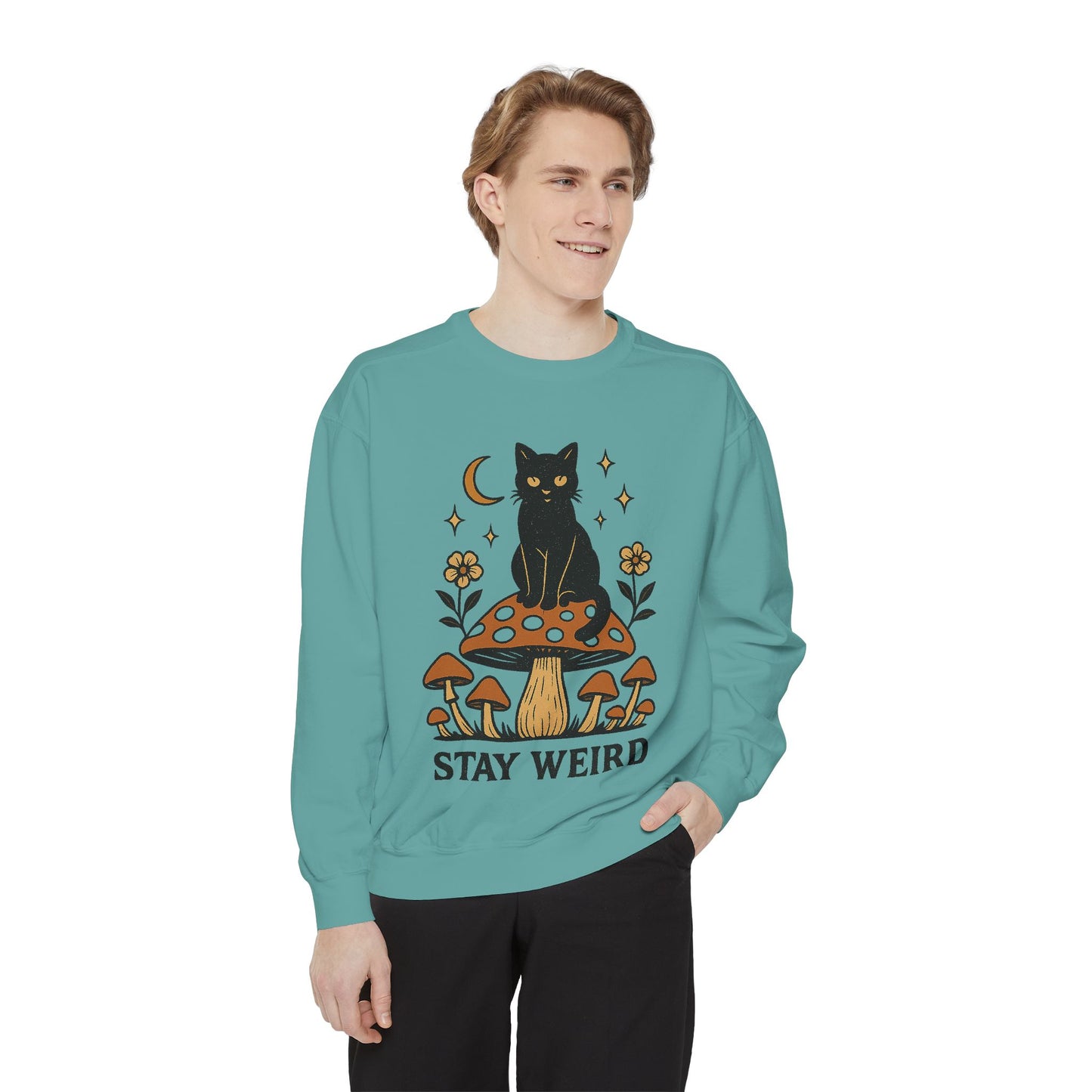 Stay Weird Cat Sweatshirt | Unisex Garment-Dyed Pullover | Boho Witchy Aesthetic | Cozy Casual Wear & Cat Lover Gift