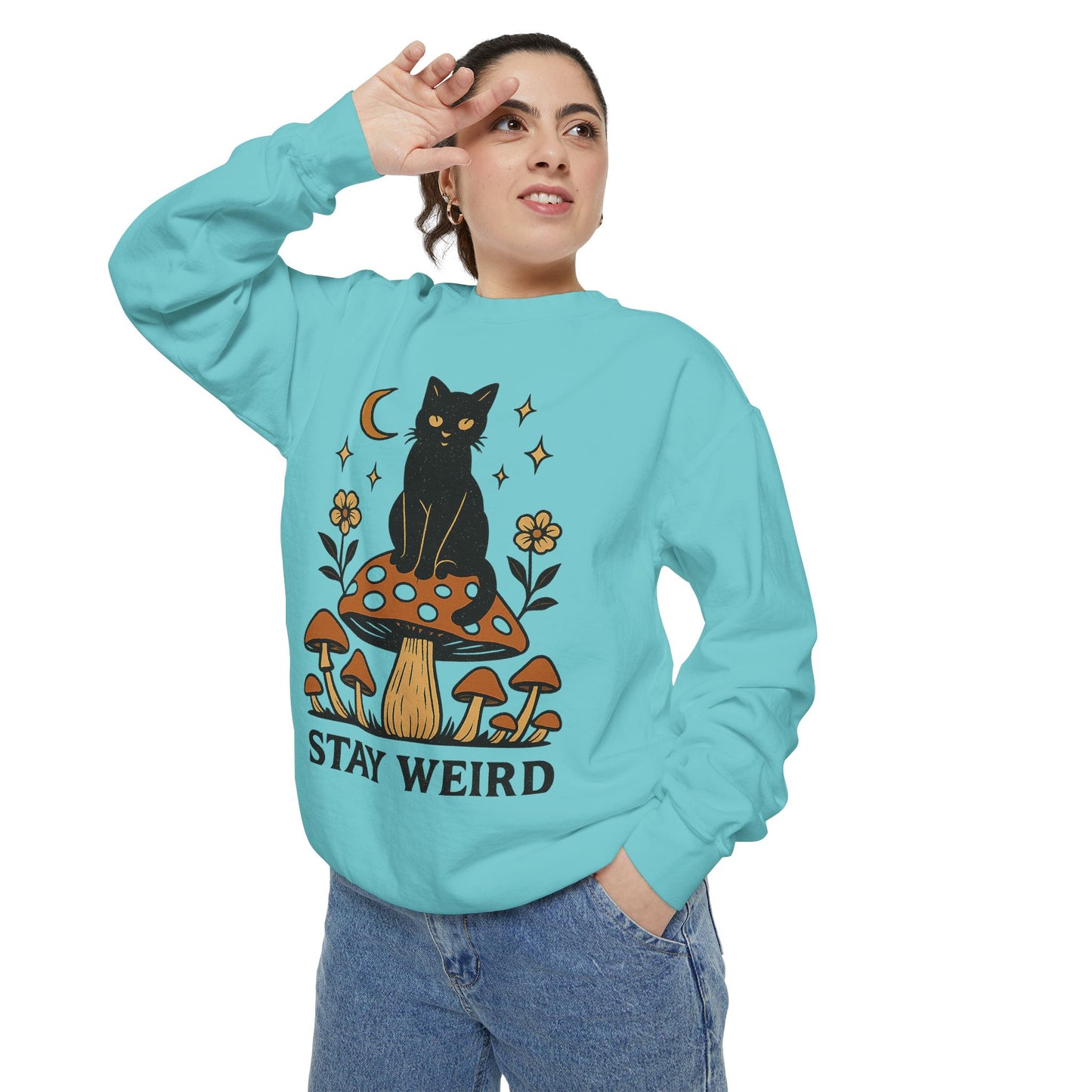 Stay Weird Cat Sweatshirt | Unisex Garment-Dyed Pullover | Boho Witchy Aesthetic | Cozy Casual Wear & Cat Lover Gift