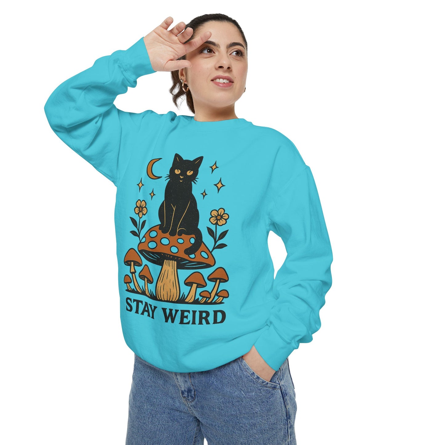 Stay Weird Cat Sweatshirt | Unisex Garment-Dyed Pullover | Boho Witchy Aesthetic | Cozy Casual Wear & Cat Lover Gift